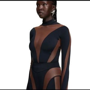 Mugler x H&M Mesh-Paneled Bodysuit (Dark Brown/Black) NWOT